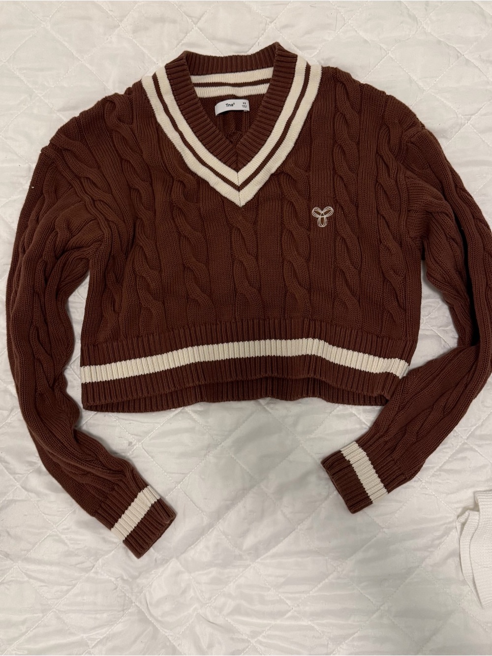 TNA Cable-Knit V-Neck Cropped Sweater in Brown with Cream Trim